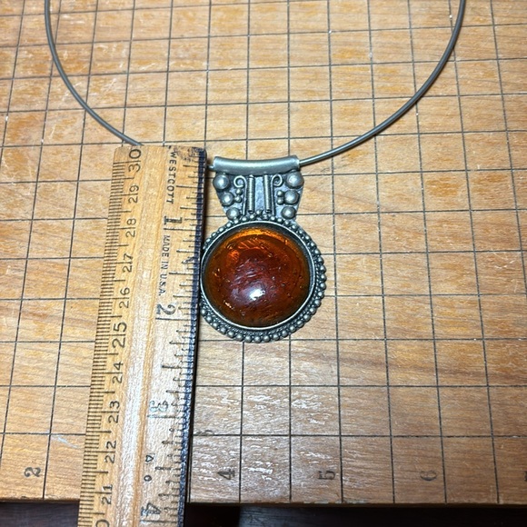 Rustic Artisan Medallion Collar Necklace 5.5”D Amber Glass Silver FlexibleTorque - Picture 6 of 12